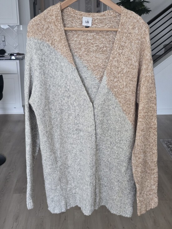 CAbi Sweaters - CAbi Open Front Marled Colorblock Cardigan Sweater Women's Small Beige Gray Knit